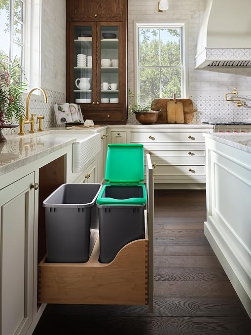 Rev-A-Shelf Pull Out Trash Can for Kitchen Cabinets 35 Qt 8.75 Gal Bottom Mounted, Undermount Soft-Close Slides, Silver, 4WCSC-1835DMND-2