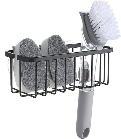 SunnyPoint NeverRust Deluxe Kitchen & Bathroom Sink Sponge Holder Organizer with Adhesive Mount - Additional Suction Cup Included – Sponge & Brush NOT Included – 7.4 x 3.3 x 2.75 Inch (Mat Black)