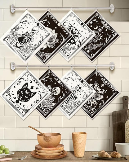 Miss Adola 8 Pack Reusable Kitchen Dishcloths - Absorbent, Fast Drying, Washable Swedish Towels with Cute Black Skull Design