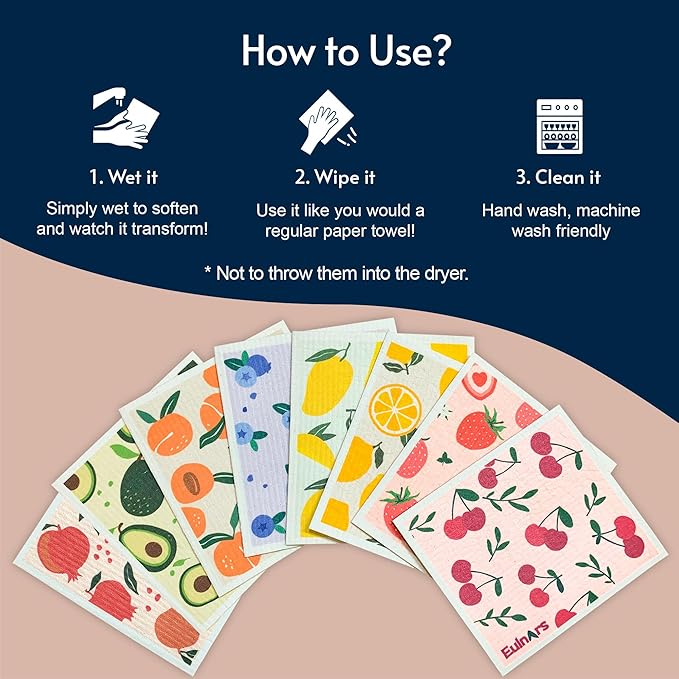 Eulnars 8 Pack Swedish Dishcloths for Kitchen, Fruit Swedish Dishcloths, Reusable Paper Towels Washable, Biodegradable, Non-Scratch Cellulose Sponge Cloths, No Odor