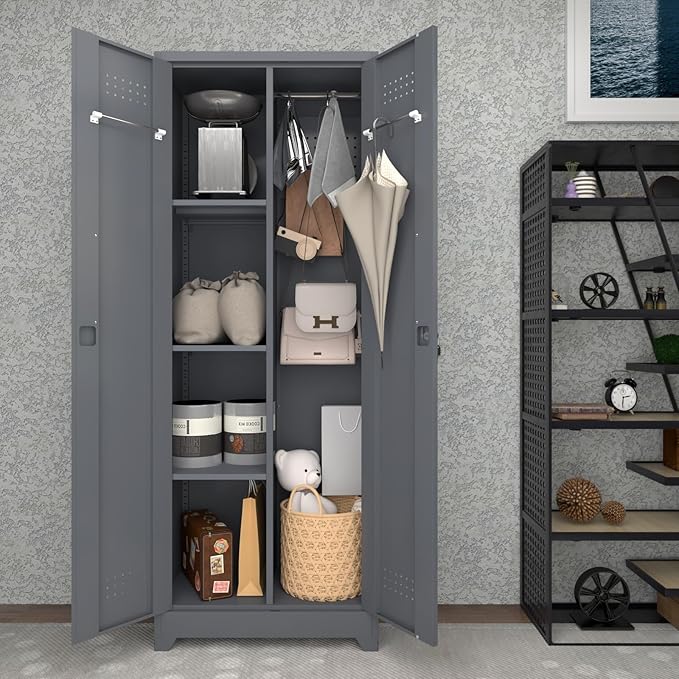 65" H Metal Storage Cabinet,Broom Closet Storage Cabinet with Adjustable Shelves,Locking Steel Cabinets with Pegboard and Hanging Rod,Utility Closet for Brooms and Mops,Grey