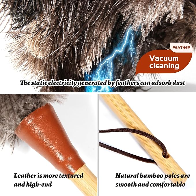 16inch Natural Good Ostrich Feather Duster with Bamboo Handle, Electrostatic Dust Remove for Ceiling，Fans，Bookshelves, Sofa, Windows, Fit for Home, Office and Cars