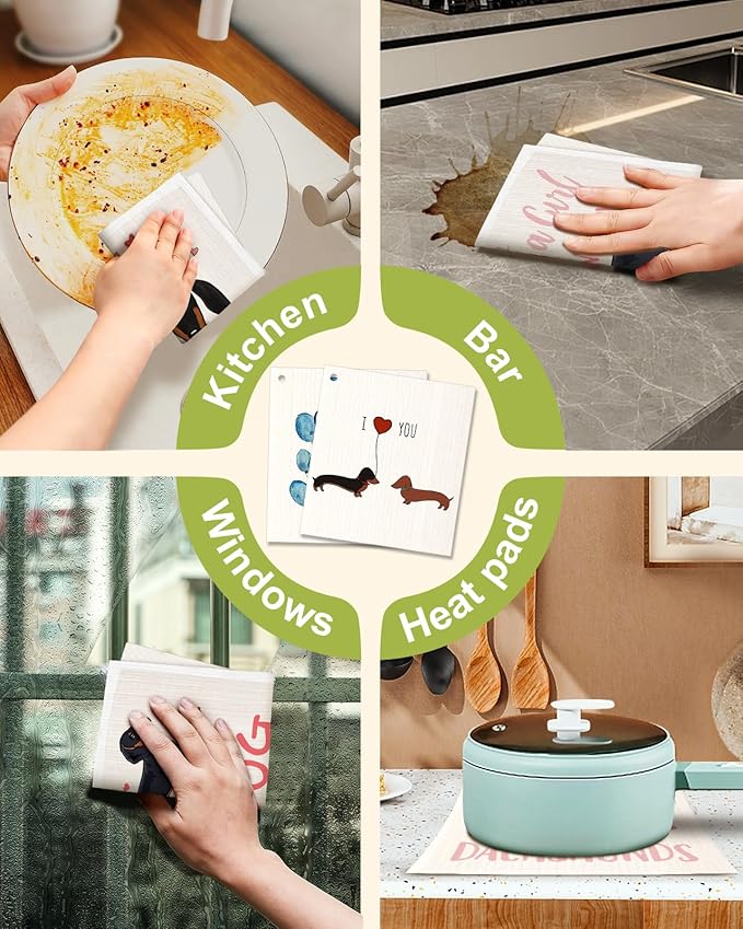 Miss Adola 6 Pack Swedish Dishcloths for Kitchen - Reusable Dish Cloths for Washing Dishes Absorbent Cute Funny Kitchen Towels Cleaning Sponge, Love Dachshund