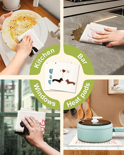Miss Adola 6 Pack Swedish Dishcloths for Kitchen - Reusable Dish Cloths for Washing Dishes Absorbent Cute Funny Kitchen Towels Cleaning Sponge, Love Dachshund