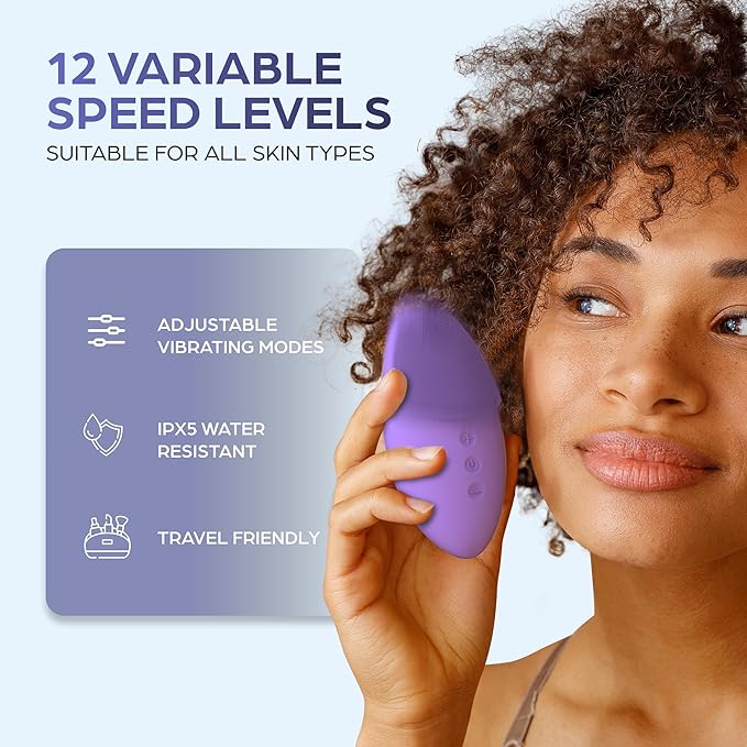 Bella Ciao 12-Speed Gentle Facial-Cleansing Brush, Rechargeable Silicone Face Scrubber, Deep-Cleaning and Exfoliating Face-Wash Brush, Water-Resistant Design, Purple