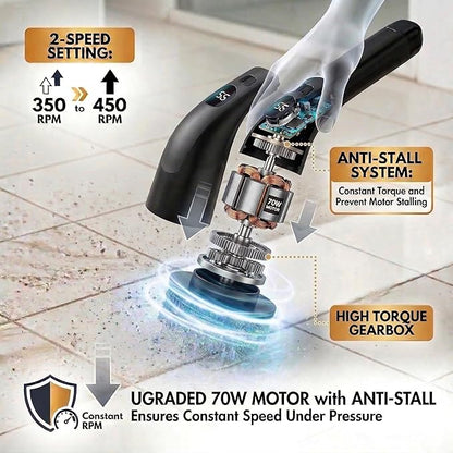 LIVINGPRO Electric Spin Scrubber with LCD Display, Cordless Clearning Scrubber for Home, Upgraded 70W High-Power Motor, IPX7 Waterproof Dual Speed Power Scrubber, 7 Brush Heads, Extendable Long Handle
