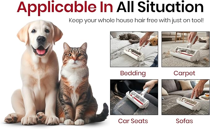 Pet Hair Remover for Dogs & Cats - Reusable Lint Roller & Hair Remover Tool for Couch, Carpet, Furniture, Bedding & Car Seats - Portable & Easy Clean Pet Fur Remover Roller for Home & Travel (Red)