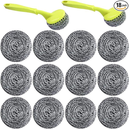 18 PCS Stainless Steel Sponges Scrubbers Cleaning Ball Utensil Scrubber Metal Scrubber Scouring Pads Ball for Pot Pan Dish Wash Cleaning for Removing Rust Dirty Cookware Cleaner with Handle (18 Pack)