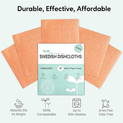 Swedish Dishcloths for Kitchen, 5 Pack Swedish Dish Cloths, Ultra Absorbent Reusable Paper Towels, Cellulose Sponge Cloths, Quick Drying, No Odor, Dishwasher Safe Orange