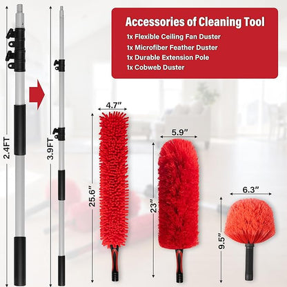 4 FT Duster with Extension Pole, 8 FT High Reach Ceiling Fan Cleaner Duster for Home, 2.5-4 FT Extendable Pole with 3 Pcs Dusting Tools, Cobweb Duster, Feather Dusters, Ceiling Fan Duster