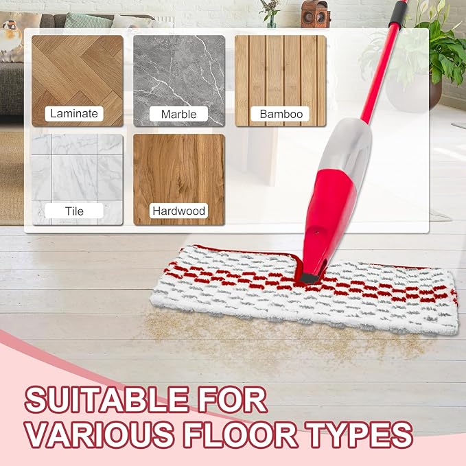 Microfiber Spray Mop Pads - Compatible with Promist MAX, Double Sided Replace Head for Dry/Wet Floor Cleaning Usable (4 Pack Red)