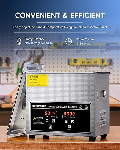 CREWORKS 3L Ultrasonic Cleaner, 0.8 gal Digital Sonic Cavitation Machine, 120W Stainless Steel Professional Jewelry Cleaner for Cleaning Tool Watch Glasses Retainer Denture Parts with Heater & Timer
