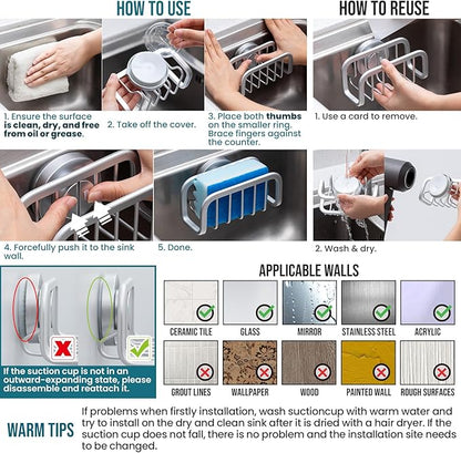 TAILI Sponge Holder for Kitchen Sink with Strong Suction Cup, Removable Sponge Holder, Rustproof Aluminum Sink Caddy for Sponges, Dish Brush - Silver