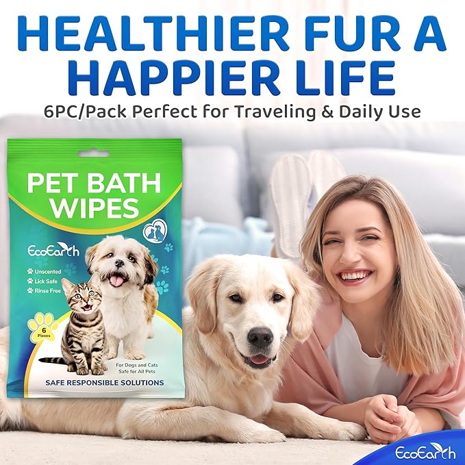 Premium Pet Wipes for Dogs & Cats - 6 Pcs - Disposable Washing Gloves for Bath & Grooming - Clean & Dry Paws, Fur, Face, Ears, Butt & Body - Hypoallergenic, Lick-Safe & Waterless Cleaning Gloves