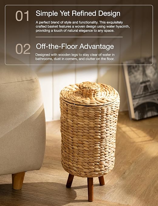 Tidita 1.5 Gallon Wicker Trash Can with Lid, Water Hyacinth Wicker Waste Basket for Bathroom - Decorative Bathroom Trash Can with Wooden Leg - Rattan Garbage Can with a Lid, Liner - Assembly Required