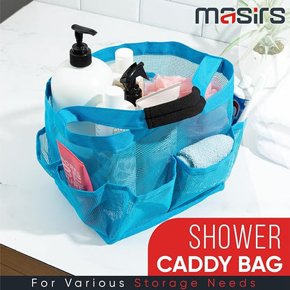 Masirs Mesh Shower Caddy – 9 Pocket Portable Shower Tote Bag for College Dorm Room Essentials, Quick-Dry Bathroom Organizer for Travel, Gym, Camping, Beach – Lightweight Collapsible Blue