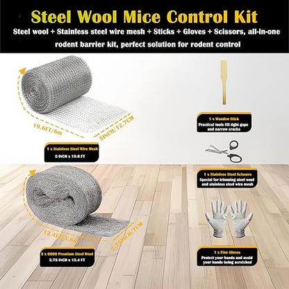 Steel Wool Mice Control - 3 Packs 2.75" x 12.5 FT 0000 Steel Wool & 1 Pack 5" x 19.6 FT Wire Mesh Kit with Wooden Stick, Gloves and Scissors, Rodent Mouse Hole Filler for House Garage Garden Wall Gaps