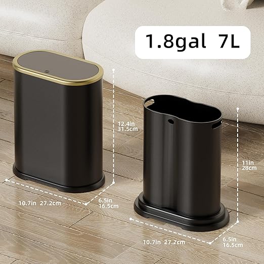 KSSKSS 1.8 Gallons Small White Bathroom Trash Can with Lid, Slim Bathroom Garbage Bin, Dog Proof Trash Can with Pop-Up Lid for Bedroom,Toile, Black