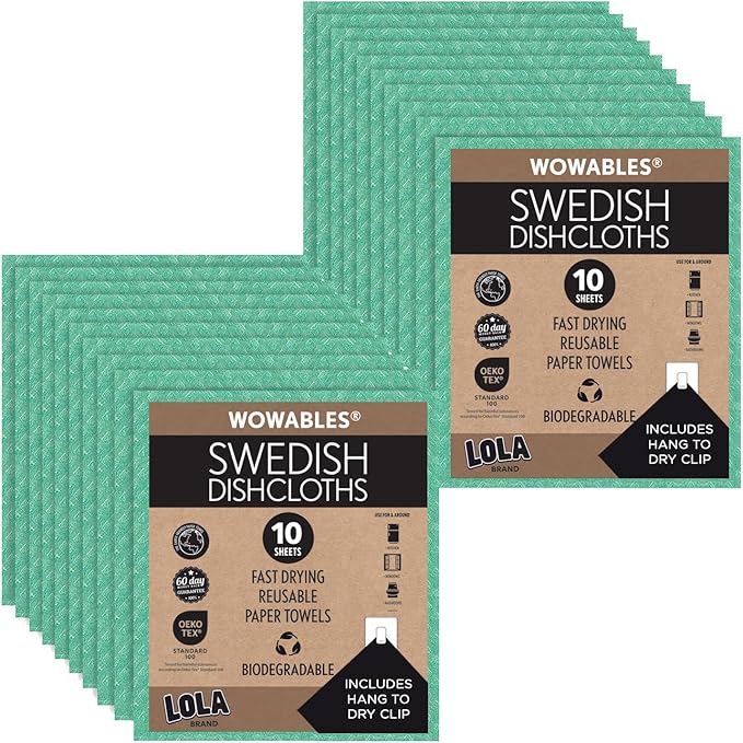 LOLA Swedish Dishcloths for Kitchen 10 Sheets, Biodegradable & Compostable Reusable Paper Towel Cleaning Cloths No Odor Washing Dishes Ultra Absorbent Cellulose Sponge Towel Made in Germany