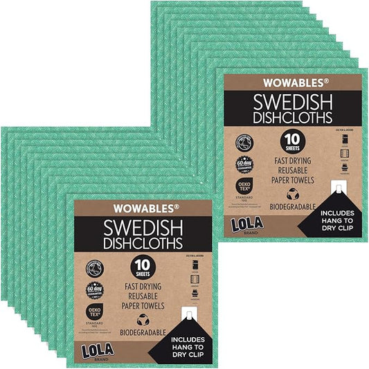 LOLA Swedish Dishcloths for Kitchen 10 Sheets, Biodegradable & Compostable Reusable Paper Towel Cleaning Cloths No Odor Washing Dishes Ultra Absorbent Cellulose Sponge Towel Made in Germany