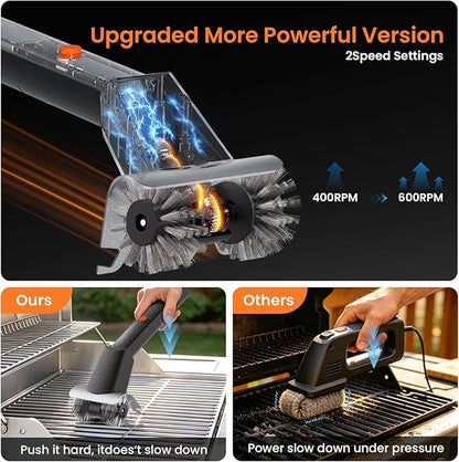 Rechargeable Electric BBQ Grill Brush, 2600mAh Battery, 2-Speed Power, LED Light, 100 Mins Long Runtime, 304 Stainless Steel Heat Resistant Grill Cleaner for Outdoor Camping & Grilling