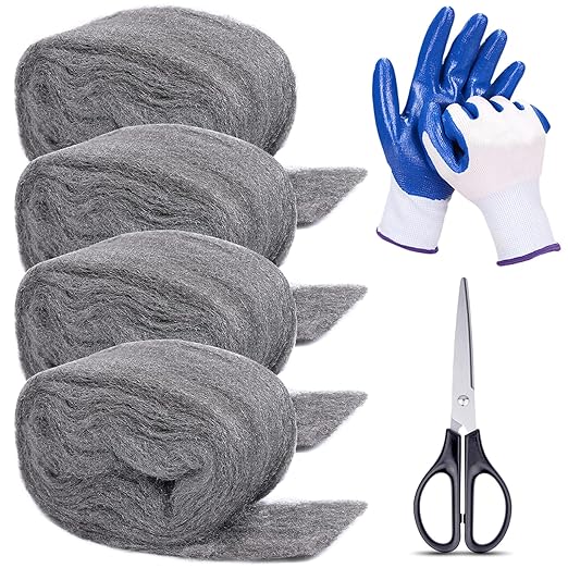 4Pack Steel Wool for Mice Control 3.2" x10.5 ft Wool, Gap Filler for Home & Garage, DIY Bundle with Gloves & Scissors