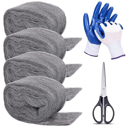 4Pack Steel Wool for Mice Control 3.2" x10.5 ft Wool, Gap Filler for Home & Garage, DIY Bundle with Gloves & Scissors