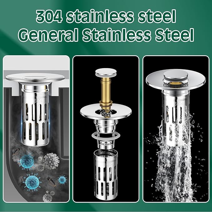 Vodolo 3 in 1 Sink Drain Strainer with Hair Catcher,Stainless Steel Popup Sink Stopper with Basket for Bathroom Kitchen Shower,Pop-up Bounce Core Floor Basin Drain Filter,Replacement Sink Plug 1PCS