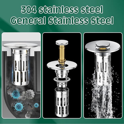 Vodolo 3 in 1 Sink Drain Strainer with Hair Catcher,8PCS Stainless Steel Popup Sink Stopper with Basket for Bathroom Kitchen Shower,Pop-up Bounce Core Floor Basin Drain Filter,Replacement Sink Plug