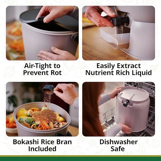 TeraGanix Bokashi Compost Starter Kit, Essential Bucket + Base, Indoor Composting, 15.3L (4gal) Capacity, Airtight, Odor & Pest-Free, Includes Bokashi Rice Bran & Liquid Collection Base, (Black)