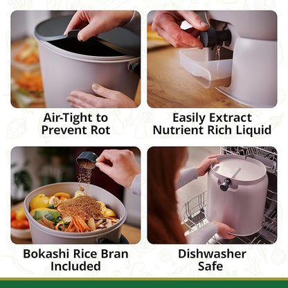 TeraGanix Bokashi Compost Starter Kit, Essential Bucket + Base, Indoor Composting, 15.3L (4gal) Capacity, Airtight, Odor & Pest-Free, Includes Bokashi Rice Bran & Liquid Collection Base, (Grey)