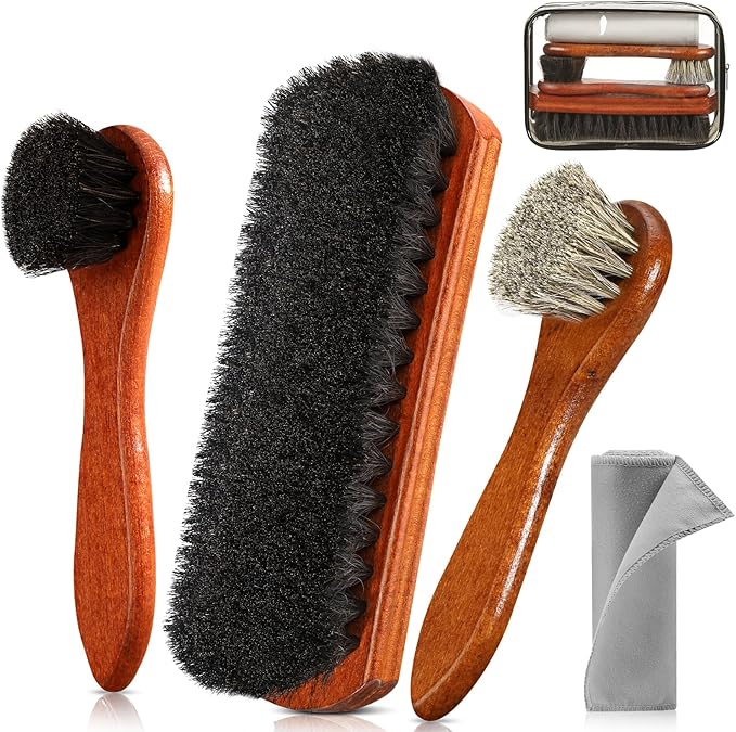 4Pcs Shoe Brush, Premium Horse Hair Brush for Leather, Professional Shoe Polish Brush, Long-lasting Shoe Cleaning Brush, 100 Percent Horsehair Shoe Brush Shine Kit for Cleaning and Polishing