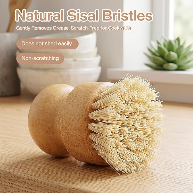 Wooden Dish Brush with Metal Stand Handheld Bamboo Wok Brush Scrubber for Dishes Pans Pots Fruit and Veggie Washing(1,Beige)