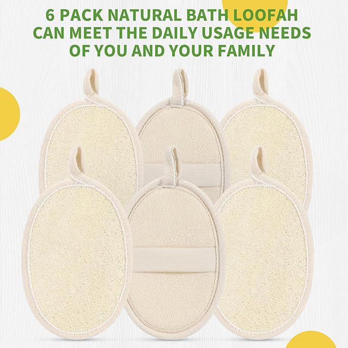 6 Pack Natural Loofah Body Scrubber (6 Pack) - 6.2 * 4.3 Inch Exfoliating Loofah for Removing Dead Skin and Dry Skin, Large Size Loofah Body Sponge for Women and Men to Clean Pores