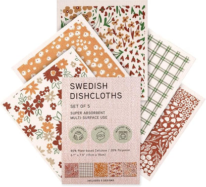 Swedish Dishcloths, Vintage Plant-Based Cellulose, 6.7x7.5 Inch, Super Absorbent, Multi-Surface, Machine Washable, Reusable, 5 Pack (Rust Green Burgundy)