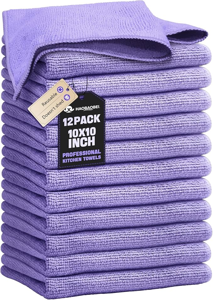 Kitchen Dish Cloths, 12 Pack, 10 x 10 Inches, Coral Velvet Kitchen Towels, Soft Lint Free Reusable Dish Cloths for Dishes, Tables and Household Cleaning, Purple