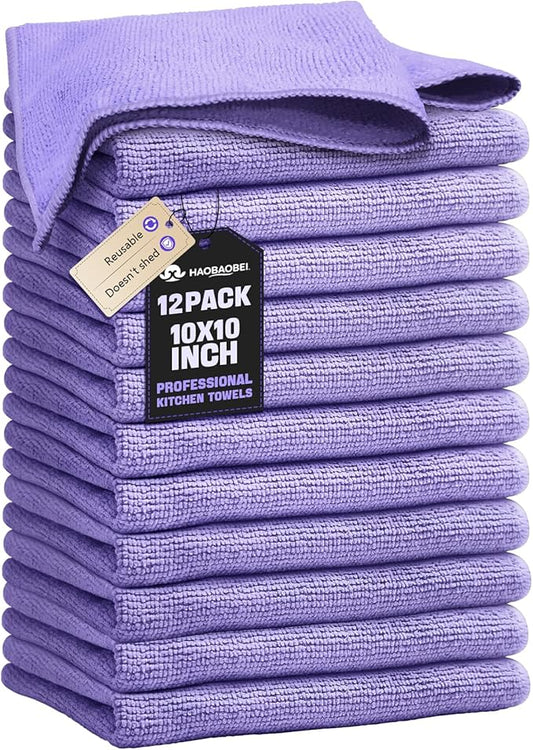 Kitchen Dish Cloths, 12 Pack, 10 x 10 Inches, Coral Velvet Kitchen Towels, Soft Lint Free Reusable Dish Cloths for Dishes, Tables and Household Cleaning, Purple