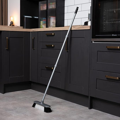 Addis Indoor Plastic Sweeping Broom with Soft Nylon bristles & 3pcs Easy Assemble Metal Handle, Metallic Grey