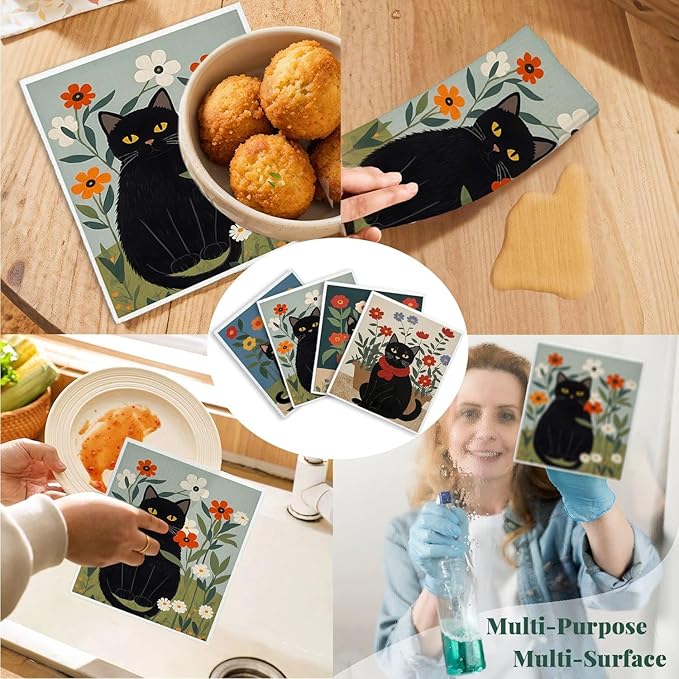 Cat Swedish Dishcloths for Kitchen, Papaya Reusable Paper Towels, 4 Pack Dish Towels for Kitchen, Swedish Dish Cloths, Reusable Paper Towels Washable