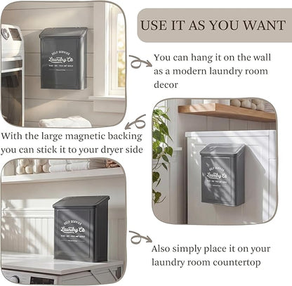 MONJITA Magnetic Lint Bin for Laundry Room, Wall Mounted Lint Trash can with lid for Dryer, Farmhouse Laundry Co Sign, Laundry Room Organization and Storage Decor with Dryer Lint Brush(Grey)