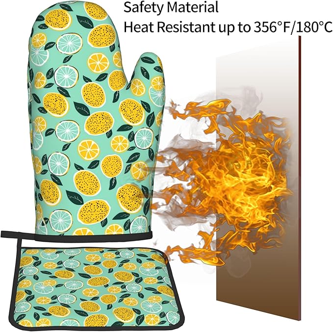 Lemon Pot Holders and Oven Mitts - Summer Teal Lime Refreshing Oven Glove Hot Pads for Kitchen Chef Gifts for Cooking Lover Cooks