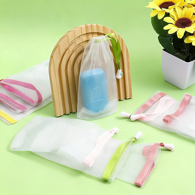 12 Pcs Soap Bag, Mesh Soap Saver Bag with Drawstring Foam Net Bar Soaps Pouch Soaps Net Soaping Packaging Bath Accessories for Soaping Bars Shower Washing Body Bath Gym Travel (White)