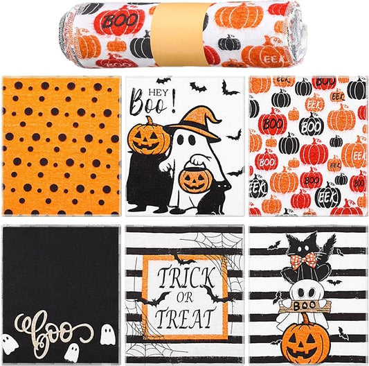 Mindsoft 36 Pcs Halloween Reusable Paper Towels Rolls Washable Bulk Halloween Boo Ghost Pumpkin Kitchen Dish Towels Paperless Reusable Cloth Cotton Napkins with Cardboard for Kitchen Bathroom