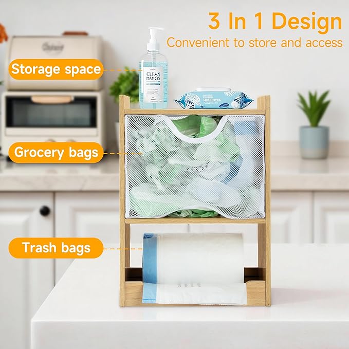 ZIFTY 2-in-1 Trash Bag Dispenser Grocery Holder, Wall Mount Garbage Bag Dispenser Space-Saving and Large Storage Capacity, Bamboo Roll Plastic Case Organizer for Home Kitchen Laundry Pantry