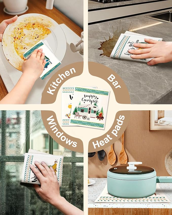 Miss Adola Swedish Dishcloths for Kitchen with Hooks - Reusable Dish Cloths for Washing Dishes Fast Drying Cute Fun 5 Pack Swedish Dish Towels Washable Cleaning Sponge, Green Camping