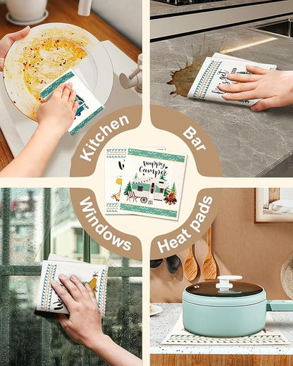 Miss Adola Swedish Dishcloths for Kitchen with Hooks - Reusable Dish Cloths for Washing Dishes Fast Drying Cute Fun 5 Pack Swedish Dish Towels Washable Cleaning Sponge, Green Camping