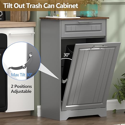 Single 10 Gallon Tilt Out Trash Can Cabinet with Deodorizing Function, Wooden Hidden Garbage Can Holder with Storage Drawers for Kitchen and Dining Room, Laundry Hamper Cabinet for Bathroom, Grey