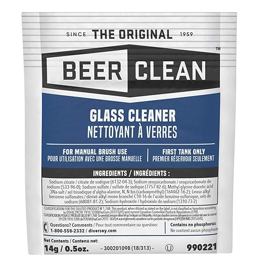 BEER CLEAN Diversey 990221 Glass Cleaner for Manual Brushing, Portion Control Bar Glass Washing Powder, Unscented, Packet, 0.5-Ounce (Pack of 100)