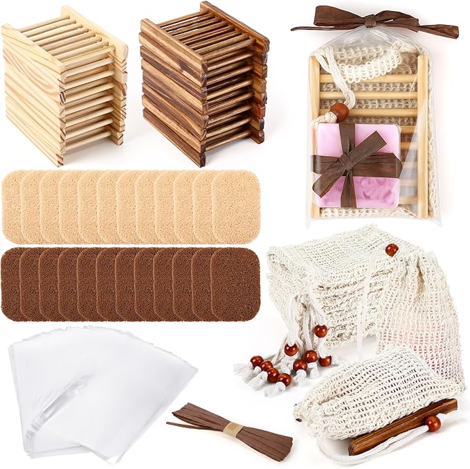 Threehoney 72 Pcs Soap Saver Set Including Wooden Dish Exfoliating Bag Saver Pads Bulk with 100 OPP Transparent Bags 2 Bundles Paper Ropes for Wedding Homemade Gift Mother‘S Day(Classic Color)