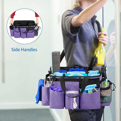 LoDrid Wearable Cleaning Caddy Bag with 4 Foldable Dividers, Cleaning Supply Tote for Cleaning Supplies, Cleaning Organizer with Shoulder Strap and Side Handles for Cleaners & Housekeepers, Purple